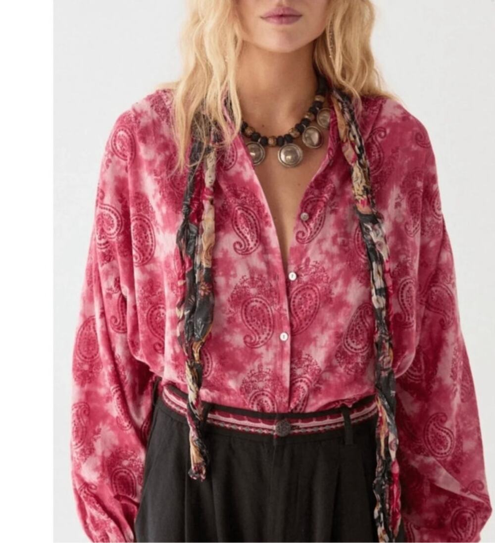 Maison Hotel Women S Pink Paisley Button Front Blouse Boho Cotton Balloon Sleeve